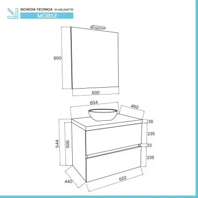 Mobile bagno sospeso 60 bianco top rovere fossile con specchio LED  Town
