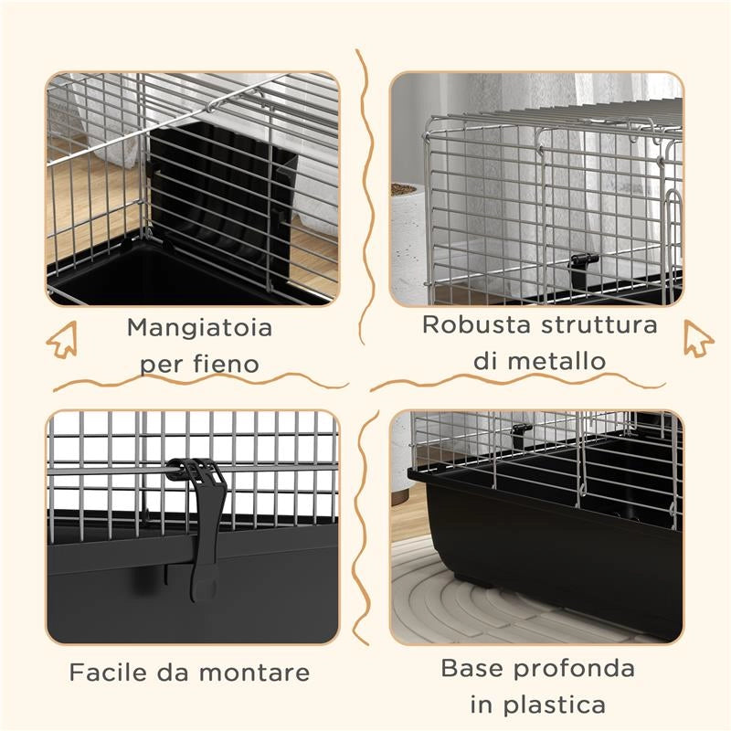 GABBIA PER CONIGLI A 2 PORTE CON VASSOIO RIMOVIBILE, IN METALLO E PLASTICA PP, 100X55X41 CM, NERO E ARGENTO