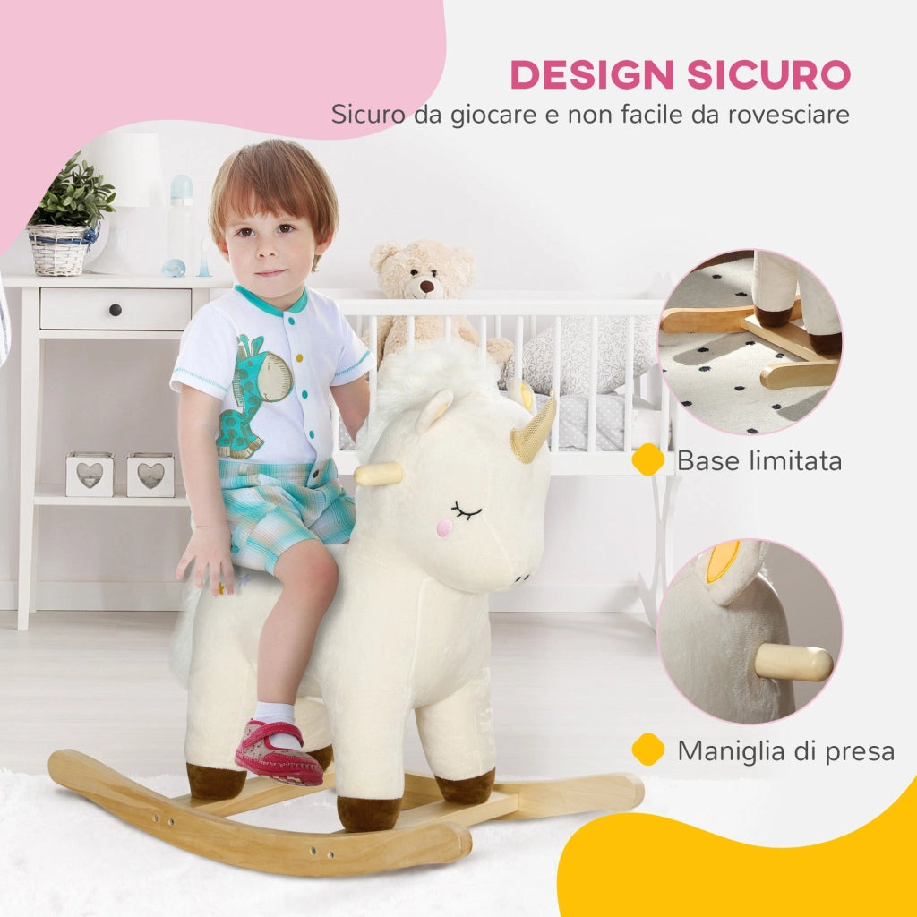 Cavallo a Dondolo per Bambini in Legno e Peluche Unicorno Bianco