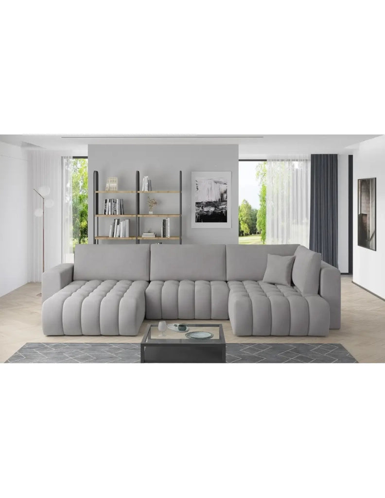 Divano ad angolo BONITA trasformabile 6 posti grigio chiaro effetto velluto – sinistro – 350x175cm
