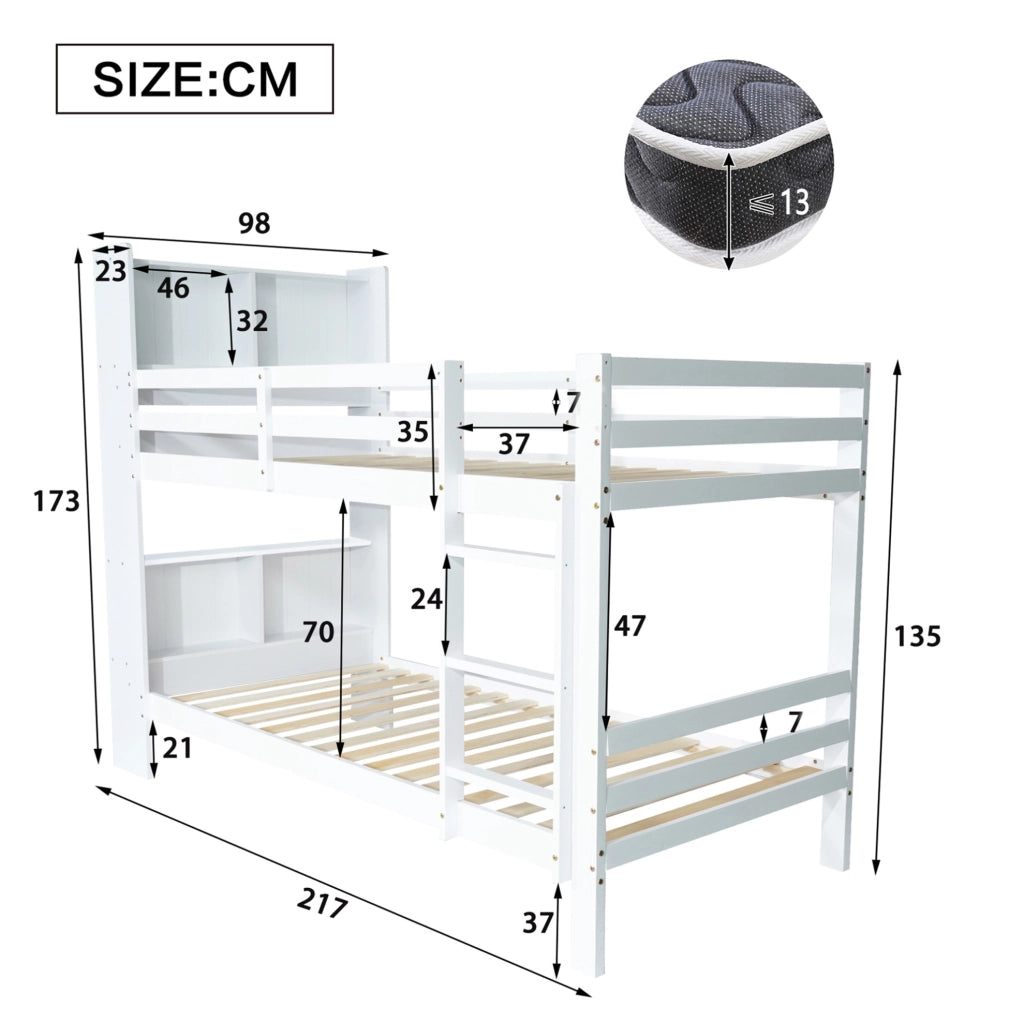 Letto a castello con ripiani e scala angolare a 3 gradini; 90x200 cm; bianco