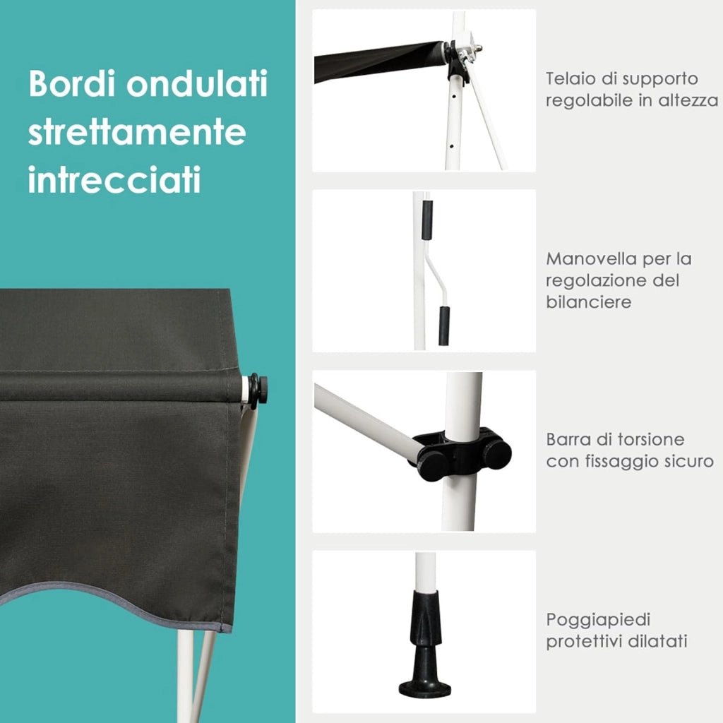 Tenda da Sole per Esterno, Tenda da Sole a Morsetto per Balcone con Struttura Telescopica e Tessuto Resistene ai Raggi Solari, Regolabile in Altezza e in Angolazione (350 cm, Grigio)