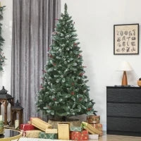 Albero di Natale Alto 210 cm da Interno con 928 Rami, Pigne e Bacche Rosse, Base in Metallo, Verde