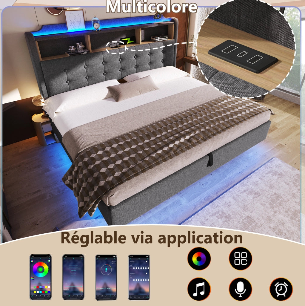 Letto imbottito 180x200 cm con LED; contenitore idraulico; USB e Type-C; lino; grigio