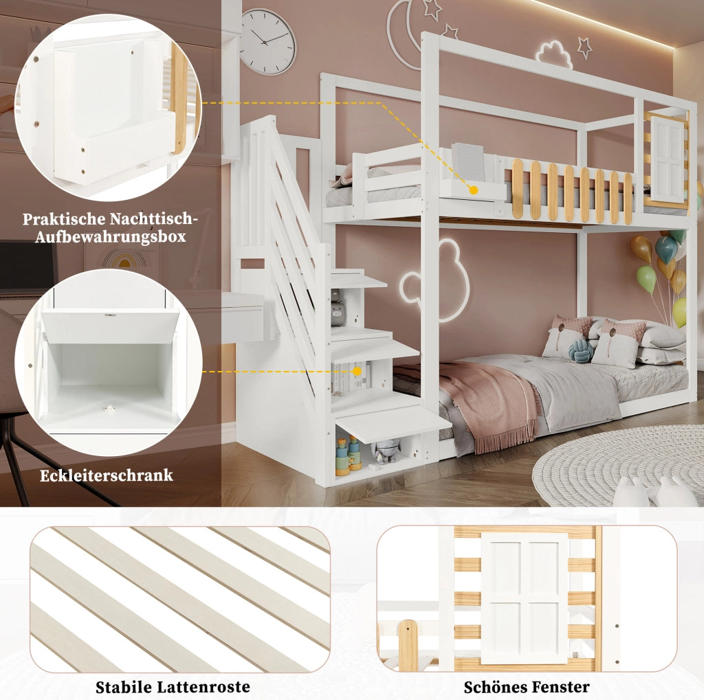 Letto a castello per bambini 90x200 cm con scala contenitore; finestra e ripiani in legno massello e MDF; bianco e naturale