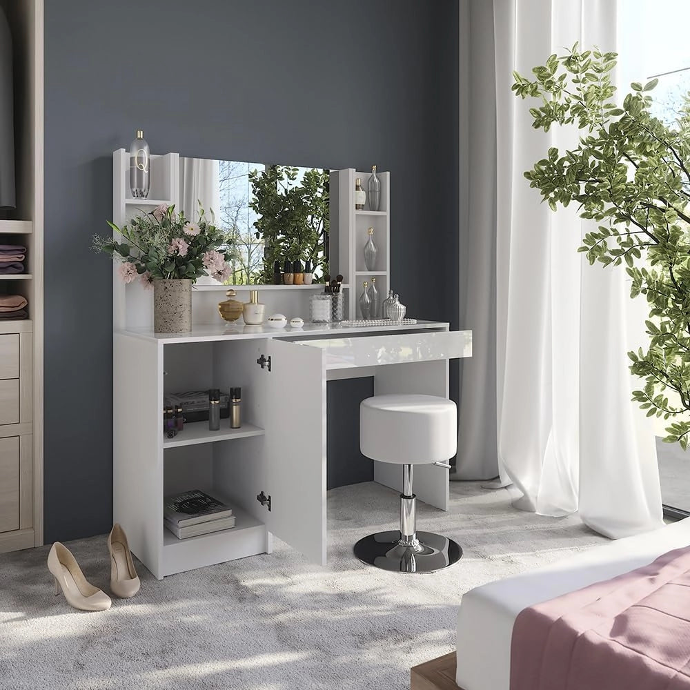 Tavolo da toeletta Sherry, Bianco/bianco lucido, 119.8 cm 5 parti