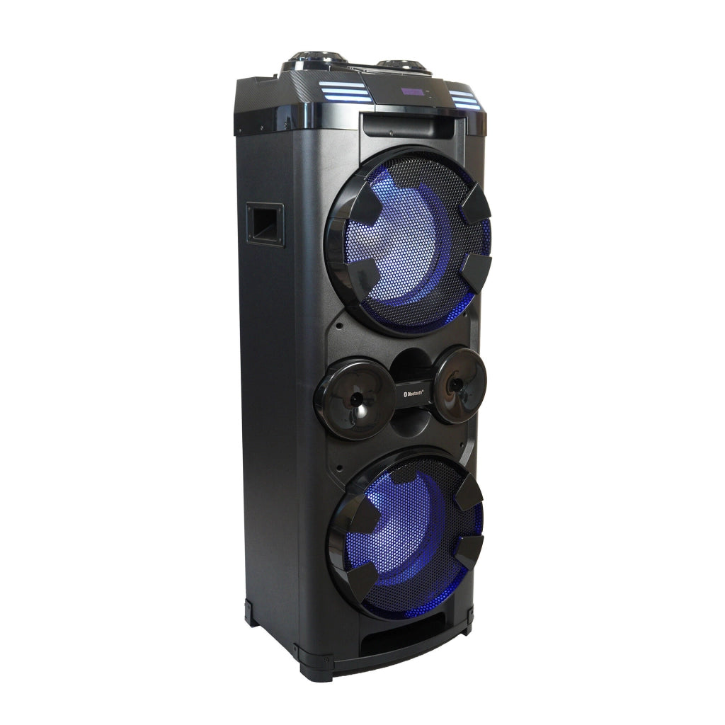 Cassa Bluetooth a trolley 2x12 pollici con tweeter, 150W RMS, karaoke, ruote, luci LED RGB e radio FM - SOGO