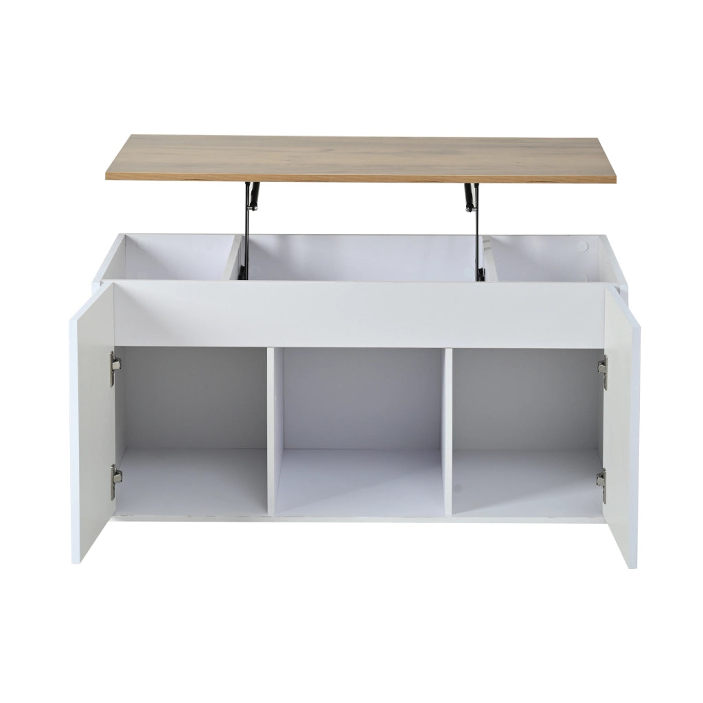 Tavolino basso sollevabile con 2 ante e 6 vani, per soggiorno, in pannello truciolare, bianco e naturale 46 × 95 × 45 cm
