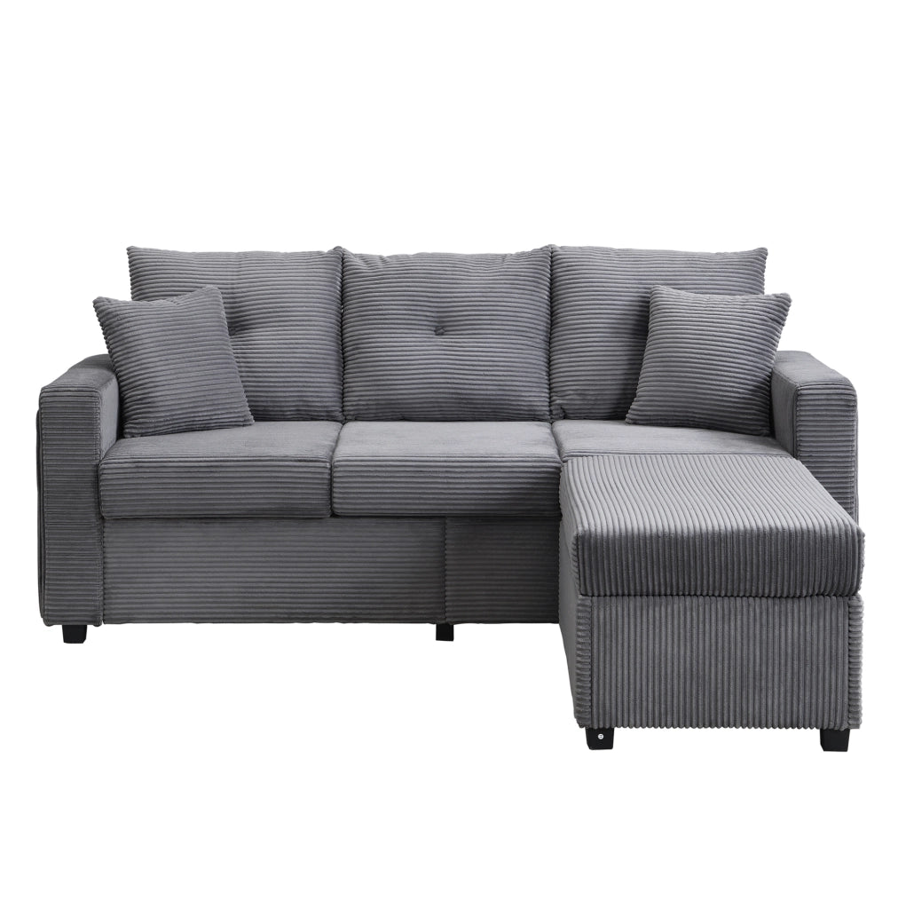 Divano modulare a L in velluto a coste con LED e pouf