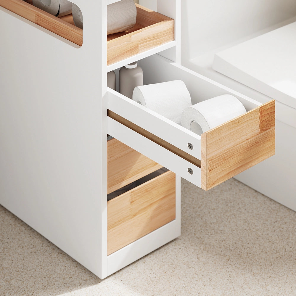 SoBuy | Mobiletto bagno salvaspazio bianco con 4 ruote | Mobile bagno con 3 cassetti | Cassettiera bagno a 2 ripiani | 23.2x65.3x82.0 cm | Capacità di carico 46 kg | BZR54-IV-WN