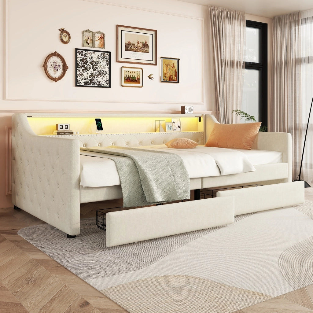 OKWISH Letto a Divanetto 90×200 cm, Letto Singolo con LED Multicolore, 2 Cassetti, USB e Telecomando, senza Materasso, in Lino, Beige