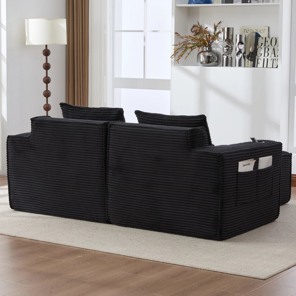 DIVANO MODULARE 2 POSTI 188x162x75 cm in tessuto a coste nero con 2 pouf