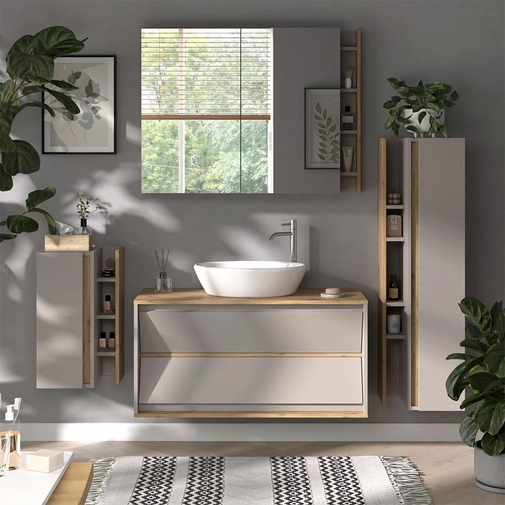 Set di mobili da bagno Edelin, Cachemire, 100 cm, composto da mobile sottolavabo, specchiera, armadio medio e pensile