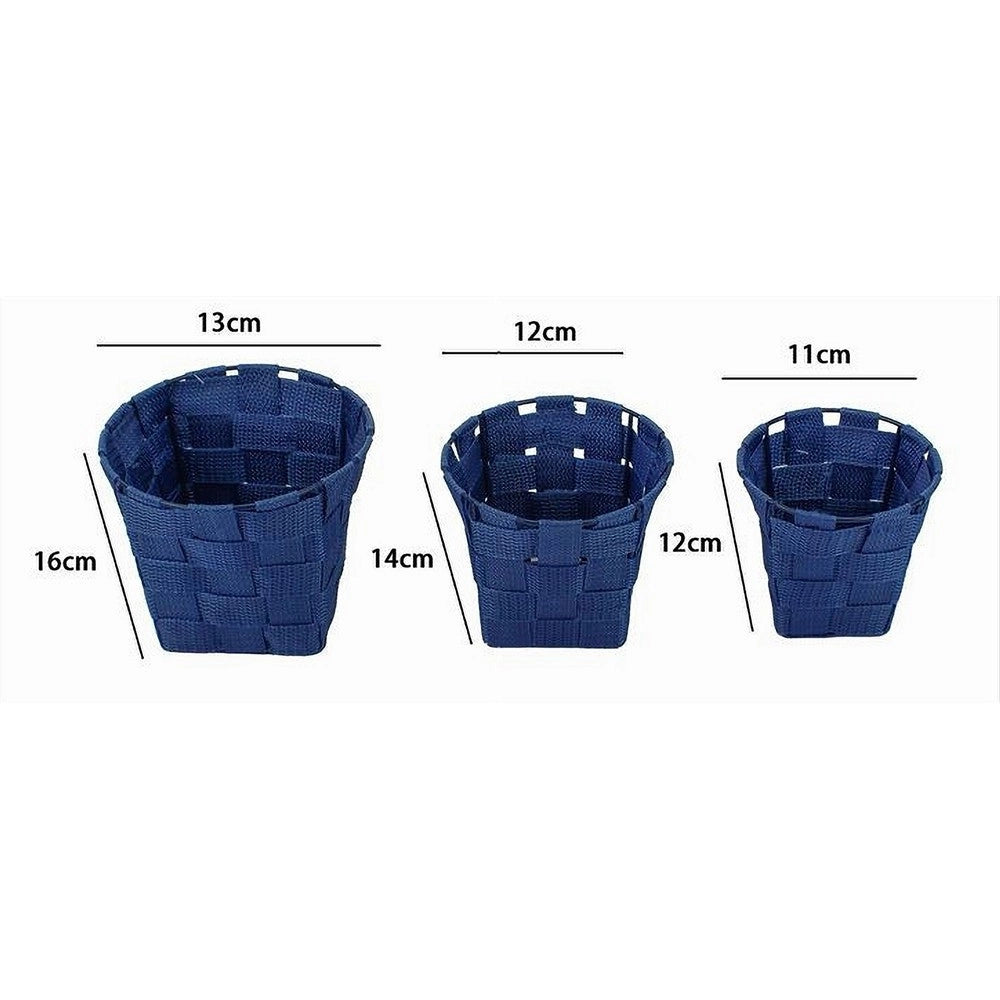 Trade Shop - Set 3pz Cestini Rotondi Porta Oggetti In Tessuto Blu Per Bagno Casa Cucina 79046 -