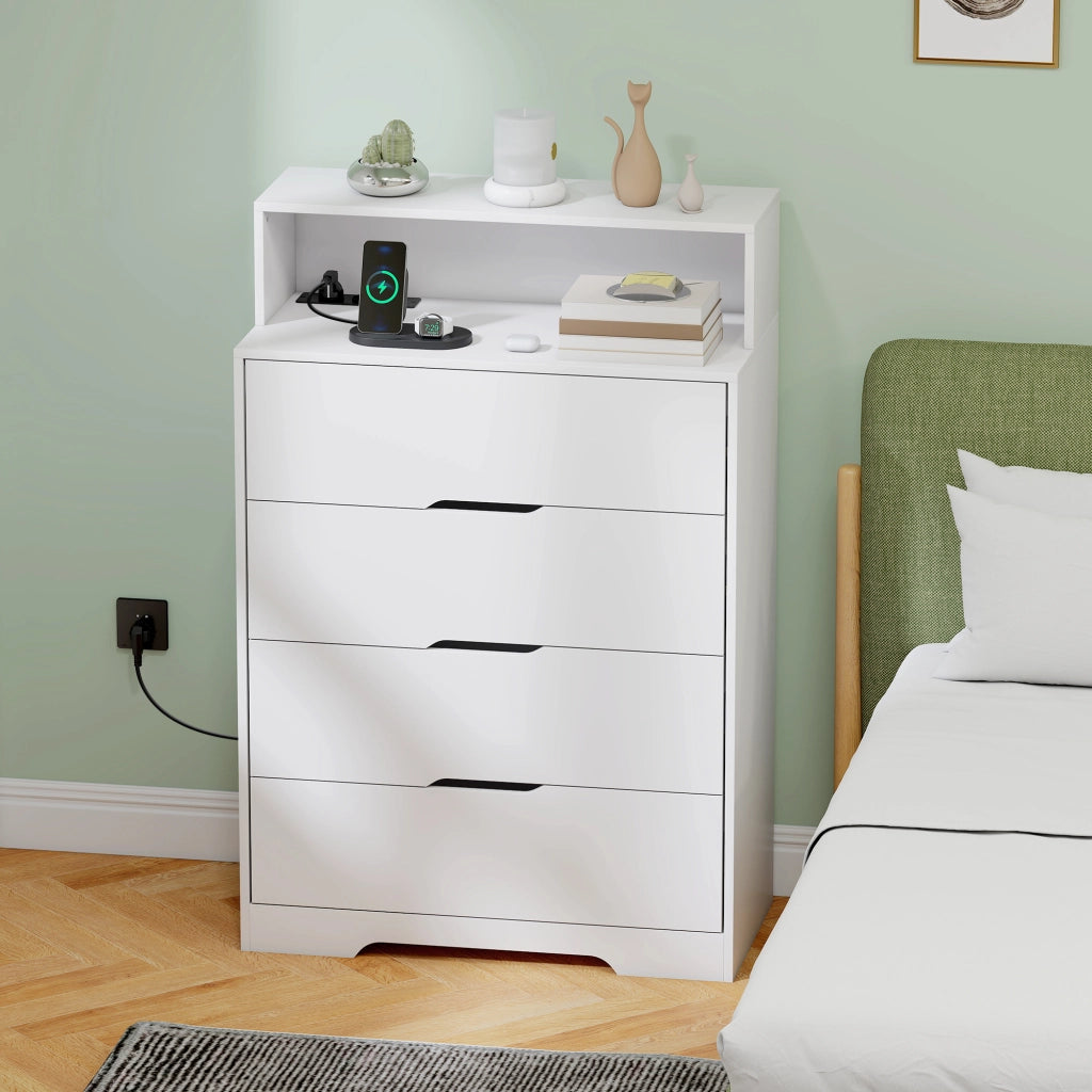Cassettiera con 4 Cassetti e Stazione di Ricarica USB USB-C ¨C zephmum ¨C Bianco 80x40x120 cm