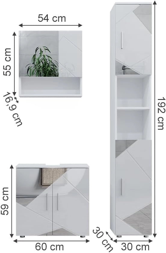 Set mobili bagno Irma, Bianco lucido con inserti, 80 cm, composto da mobile sottolavabo, specchiera e colonna alta