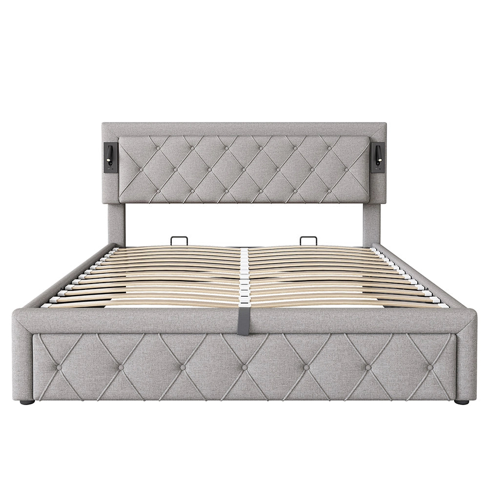 Letto imbottito 160x200 - Xylo - Grigio lino con downlight USB e spazio di archiviazione