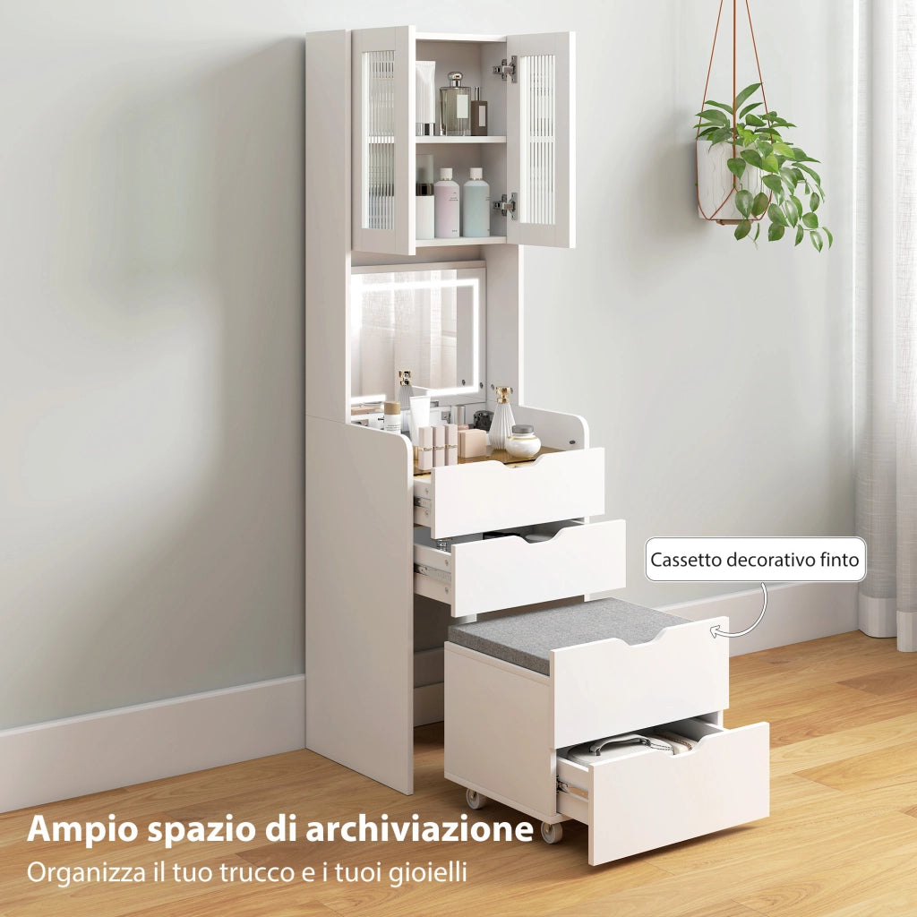 Toeletta Trucco con Specchio Illuminato e Sgabello Luce Regolabile Cassetti e Armadietto in MDF Bianco