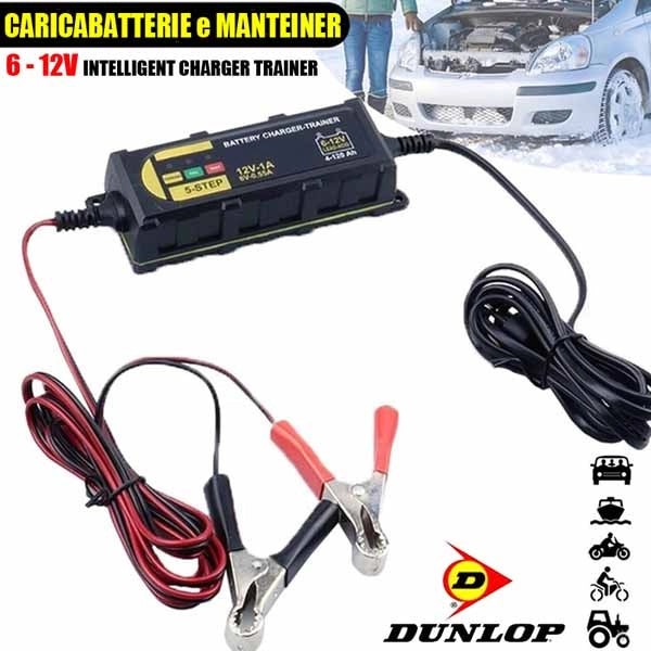 Caricabatterie Mantenitore Batteria Auto Moto Portatile + Cavetti 6V 12V Dunlop