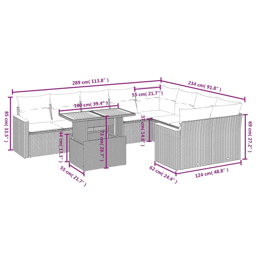 Set Divani da Giardino 10pz con Cuscini in Polyrattan Nero 3273233