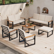 Set Salotto da Giardino Divano 3+2+1+1 Posti con Tavolino e Pouf ¨C MINIMAL ¨C Acacia e Acciaio Beige