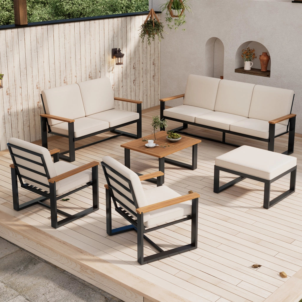 Set Salotto da Giardino Divano 3+2+1+1 Posti con Tavolino e Pouf ¨C MINIMAL ¨C Acacia e Acciaio Beige