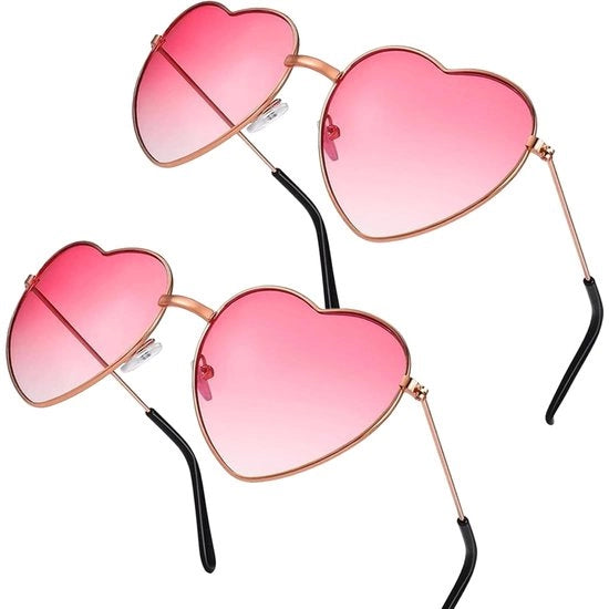 Set di Occhiali da Sole a 2 pezzi - Disegno a Cuore - Stile Retro Hippie - Lenti Rosse - Struttura Leggera in Metallo - Adatto per Feste - Occhiali da Moda da Sole