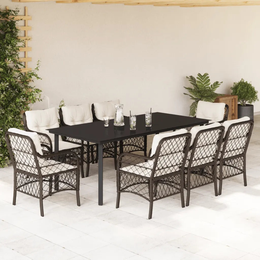 Set da Pranzo da Giardino 9pz con Cuscini Marrone in Polyrattan