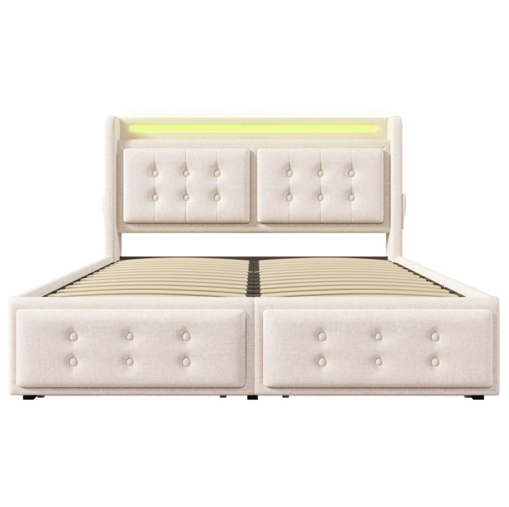 Letto imbottito 160x200 cm con LED; USB e 4 cassetti in cotone lino grigio/beige