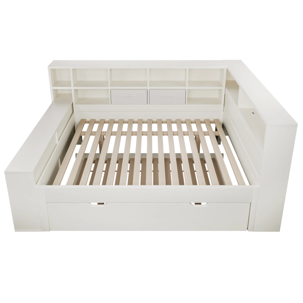 Letto Estraibile 140x200 cm e 90x190 cm - USB; Type-C e 8 Vani - in Legno - Bianco