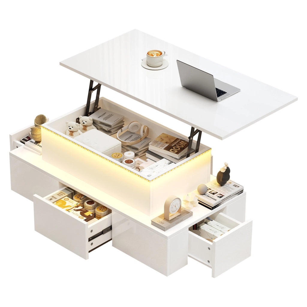 Tavolino da caffè alzabile con 4 cassetti; LED e vano nascosto - per soggiorno - 100 x 50 x 40 cm - in MDF - bianco