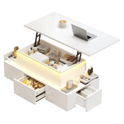 Tavolino da caffè alzabile con 4 cassetti; LED e vano nascosto - per soggiorno - 100 x 50 x 40 cm - in MDF - bianco