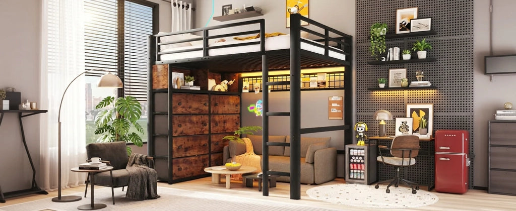 LETTO ALTO 140x200 cm Nero in Metallo e MDF con 8 cassetti