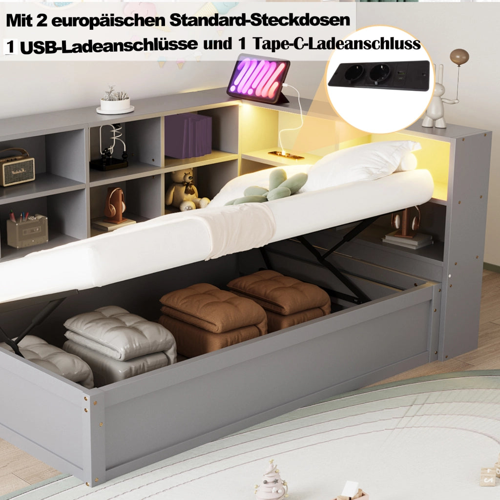 DIVANO LETTO 90x200 cm Grigio in legno con presa multifunzione, LED e vani contenitori