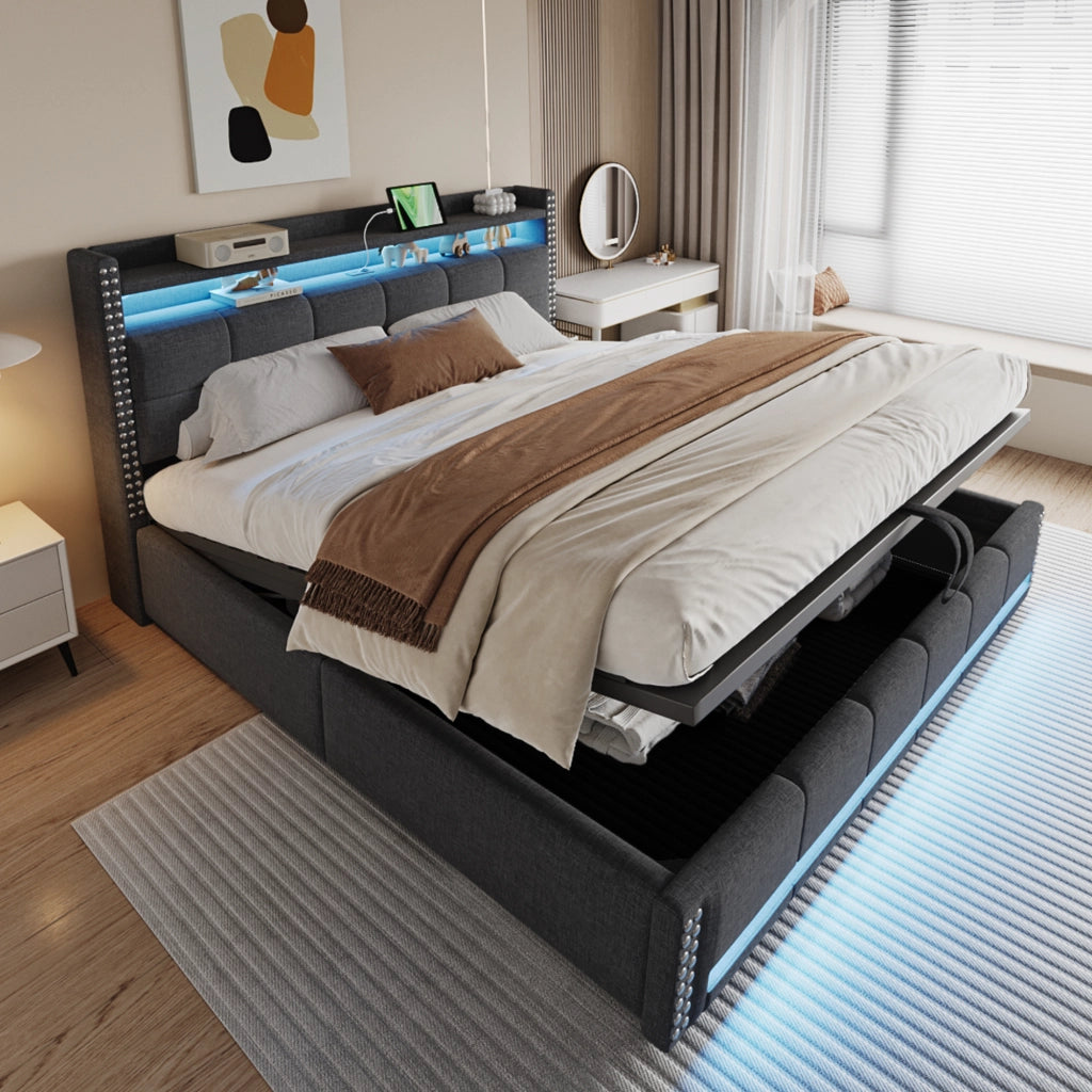 OKWISH Letto Contenitore 180×200 cm, Letto Matrimoniale con LED Regolabile, USB, Tipo C e Mensole, senza Materasso, in Tessuto - Grigio
