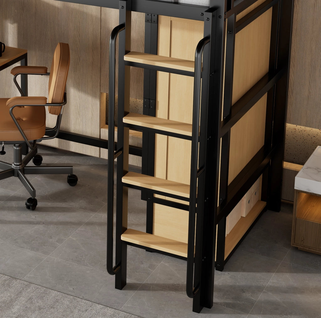 Letto a soppalco multifunzione con armadio, scrivania e vano contenitivo