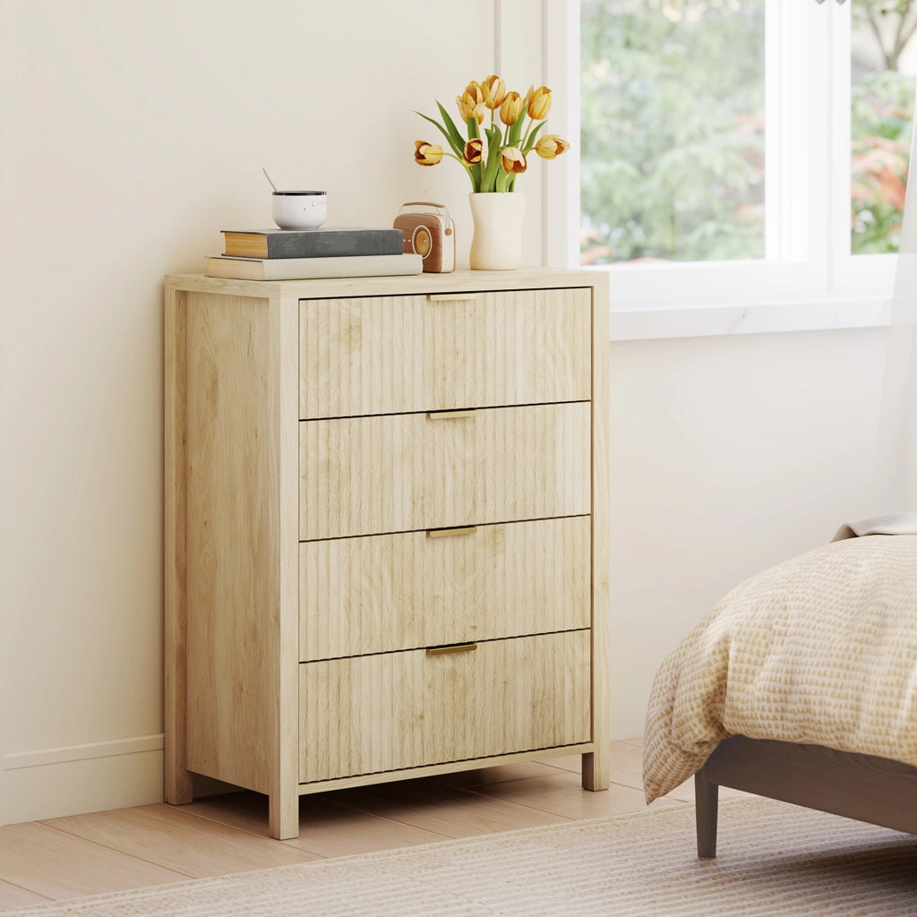 Cassettiera con 4 Cassetti Design Canettato 70x38x93 cm Maniglie Dorate in MDF Color Legno