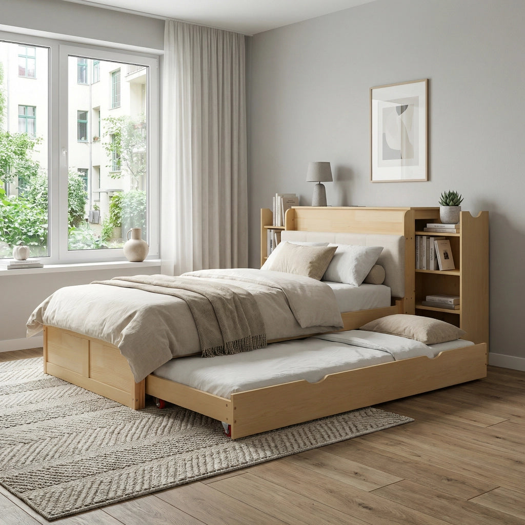 Letto Contenitore con Estraibile 90x200 ¨C MINIMAL ¨C Testiera Imbottita, USB, Legno