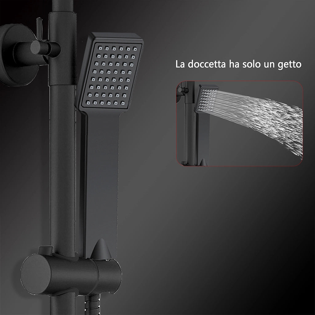 Colonne doccia nero, soffione doccia quadrato 20x20cm acciaio inox, saliscendi doccia tondo regolabile 72-120cm