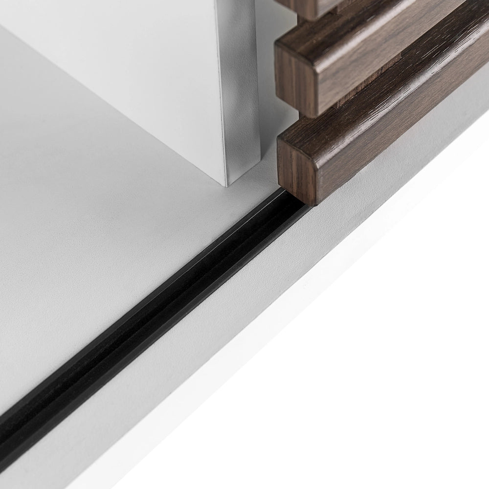 Tavolo consolle bianco con sportello scorrevole a lamelle in legno scuro stile rustico soggiorno ingresso camera da letto