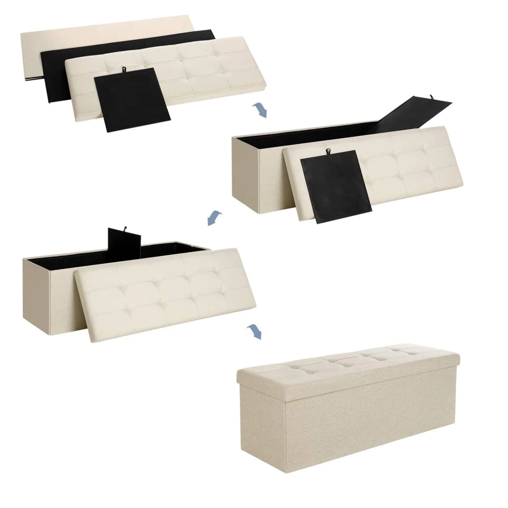 Panca contenitore 110 x 38 x 38 cm grande pouf pieghevole per 3 persone tessuto di lino beige 12_0004123