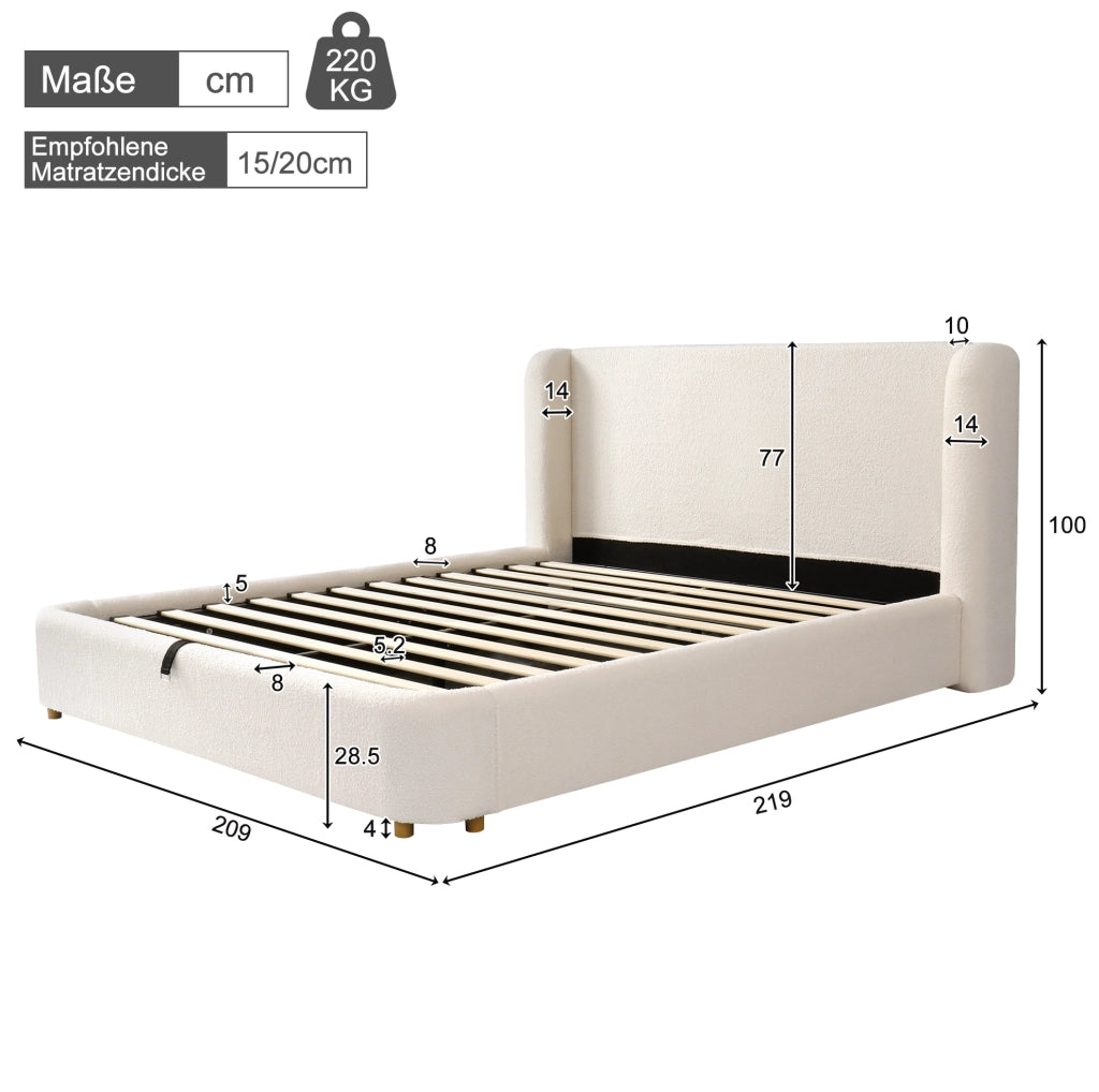 Letto matrimoniale contenitore in bouclé beige con rete e apertura idraulica