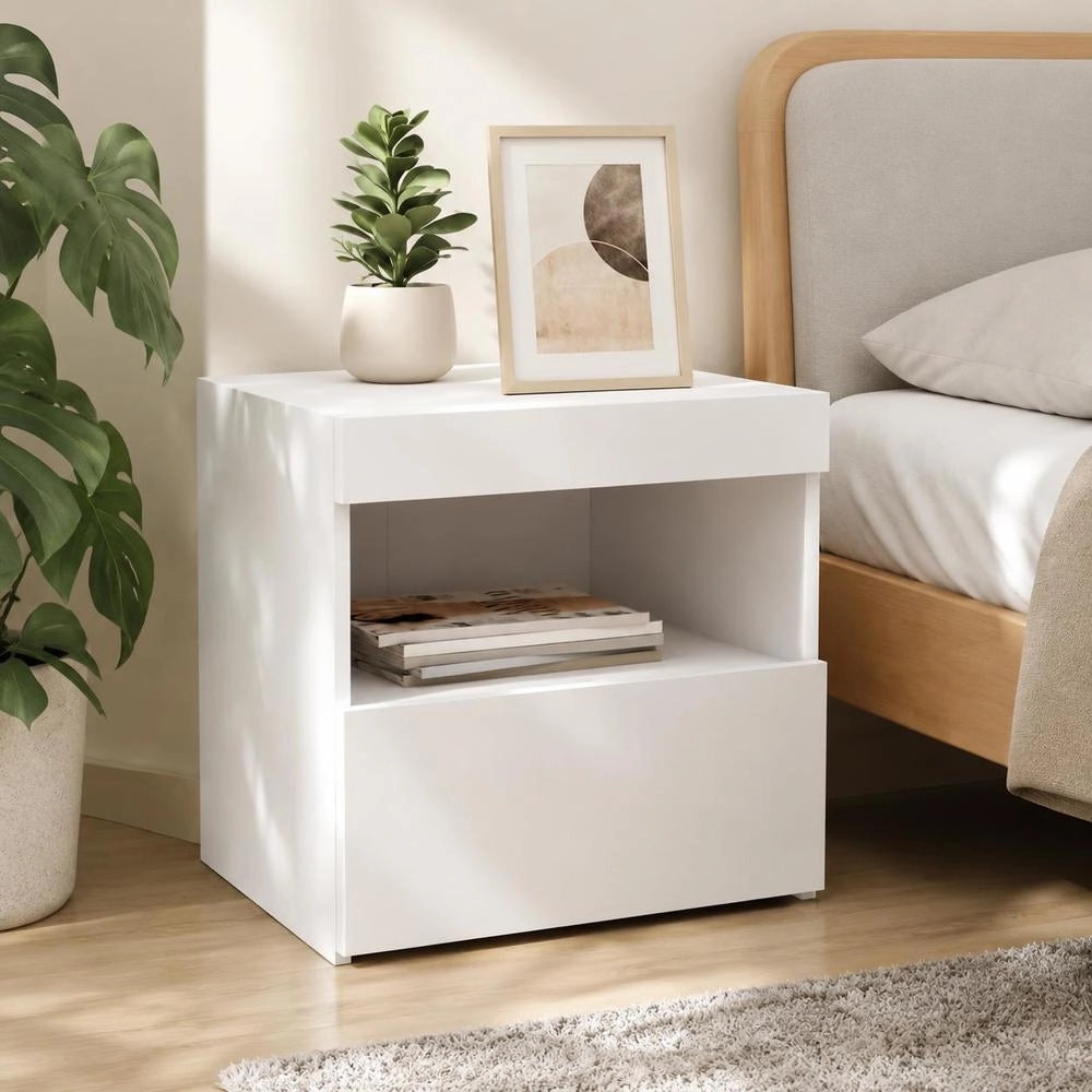 Bedside Table With LED Lights, White, 50x40x45 Cm