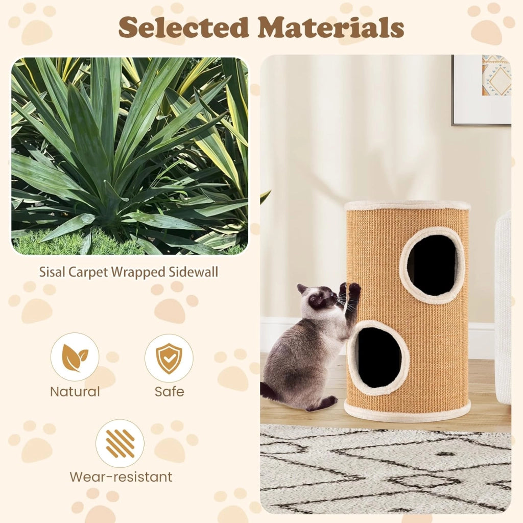 Tiragraffi per Gatti a Torre 60 cm, 3 Piani con 2 Grotte, Cuccia Albero per Gatti con Superficie Tiragraffi in Sisal, Tubo Stabile da Interno Ø36, Arancione
