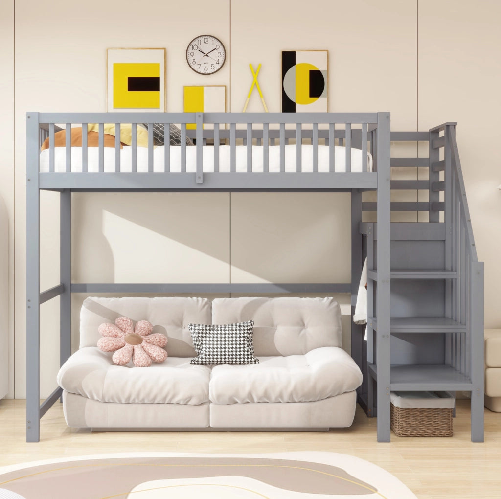 LETTO A CASTELLO 90x200 cm in legno grigio con scala e armadietto
