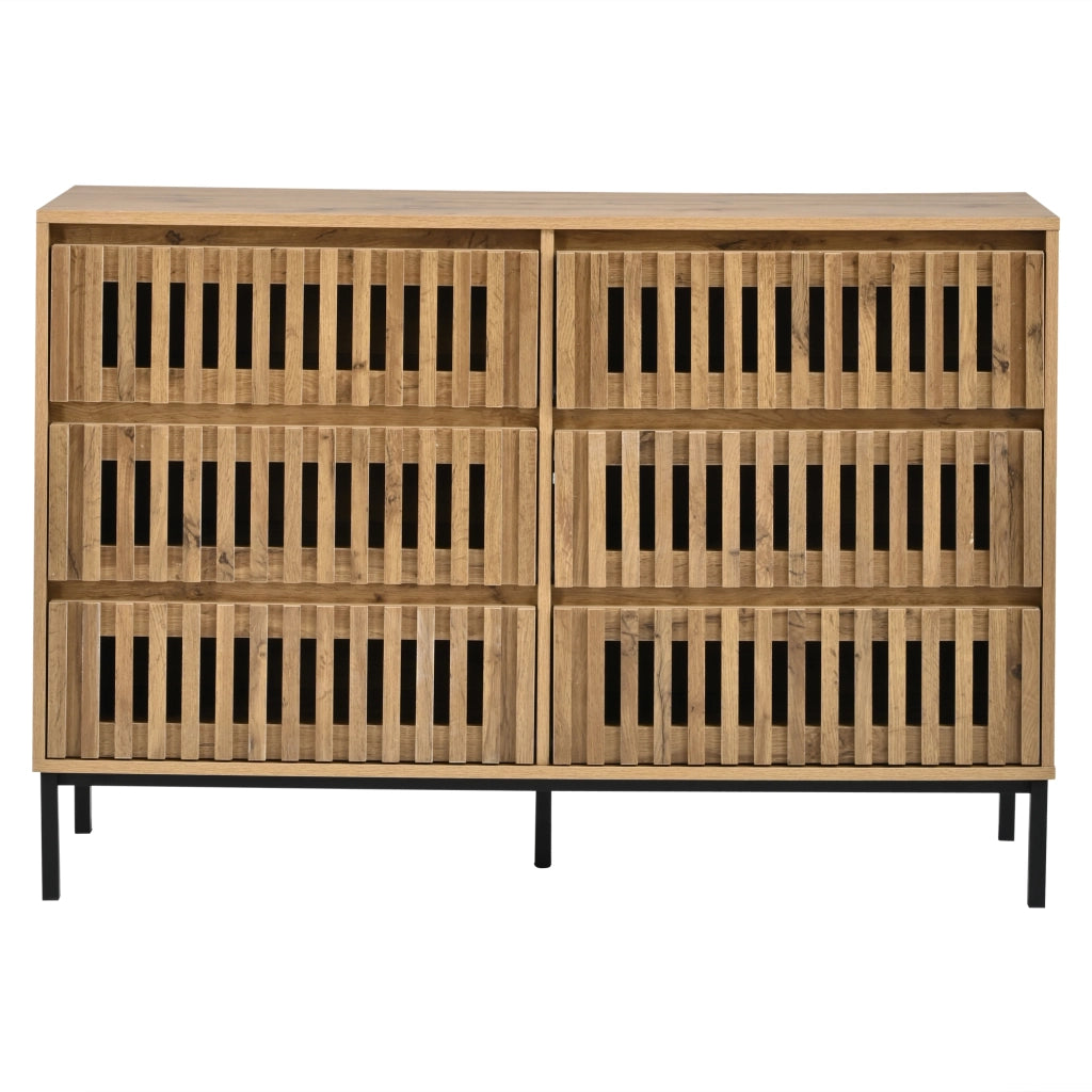 Credenza bassa con 6 cassetti, struttura in MDF e pannello truciolare, design a griglia, 120¡Á40¡Á81 cm, colore legno naturale