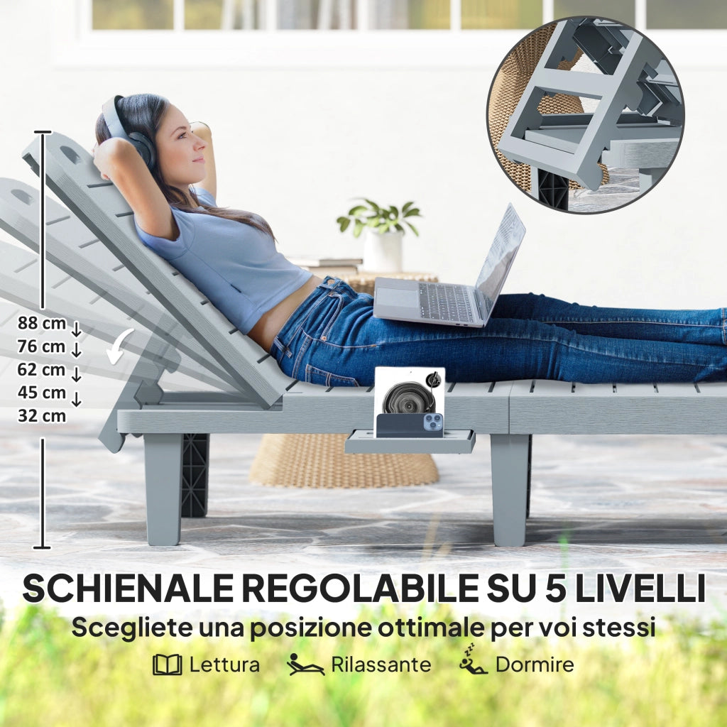 Set 2 Lettini Prendisole con Schienale Regolabile e Vassoi, in Polipropilene, 62x158x88 cm, Grigio Scuro