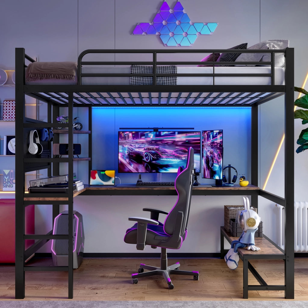 Letto a soppalco 90x200 cm con scrivania e LED; metallo; nero (Senza materasso)