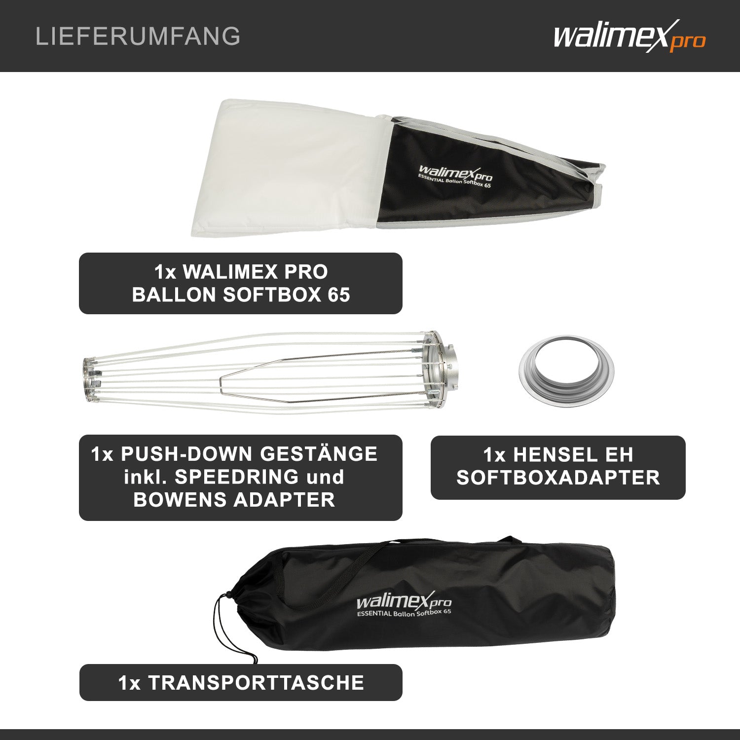 Essential Balloon Softbox 65cm + adattatore softbox per Hensel Expert, diffusore di luce a 360° ad apertura rapida, compatibile con tutti i comuni flash e luci continue con attacco Bowens