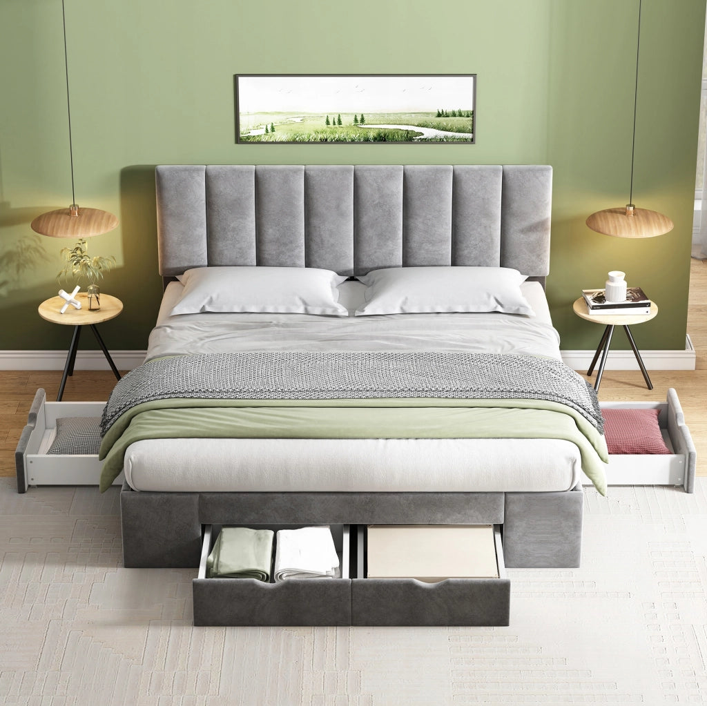 Letto imbottito 160x200 - Xylo - Grigio velluto, 4 cassetti